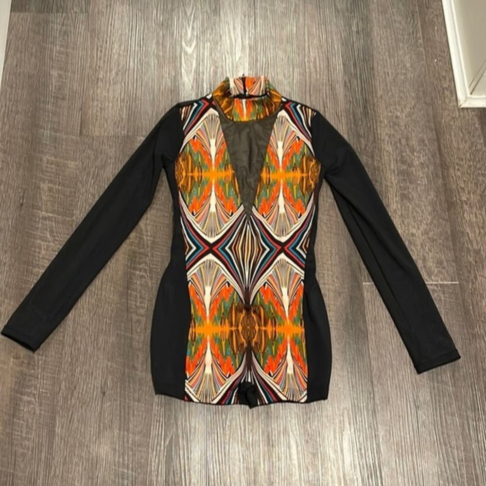 Weissman Moon Trance Long Sleeve Biketard Multicolored Geometric Dance Costume